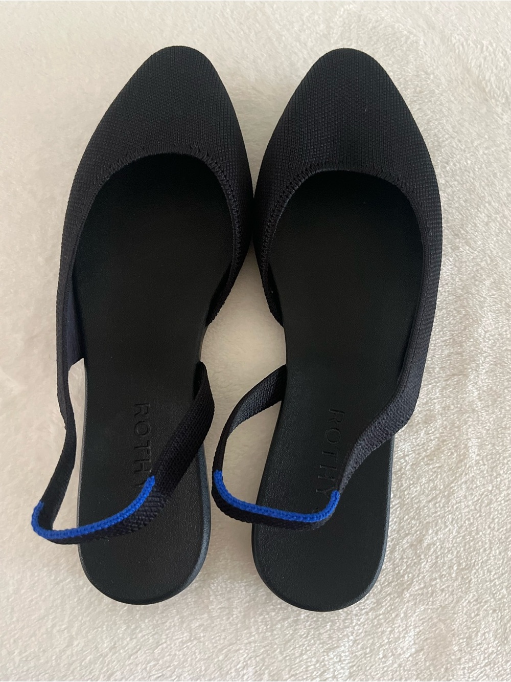 Rothy's Black Pointed Knit Slingback Flats with Blue Accent